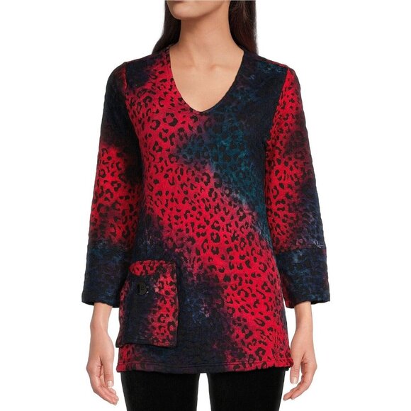 Calessa Women's Size 3X Leopard Animal Print Tie Dye Pocket V Neck Tunic Top - Picture 11 of 11